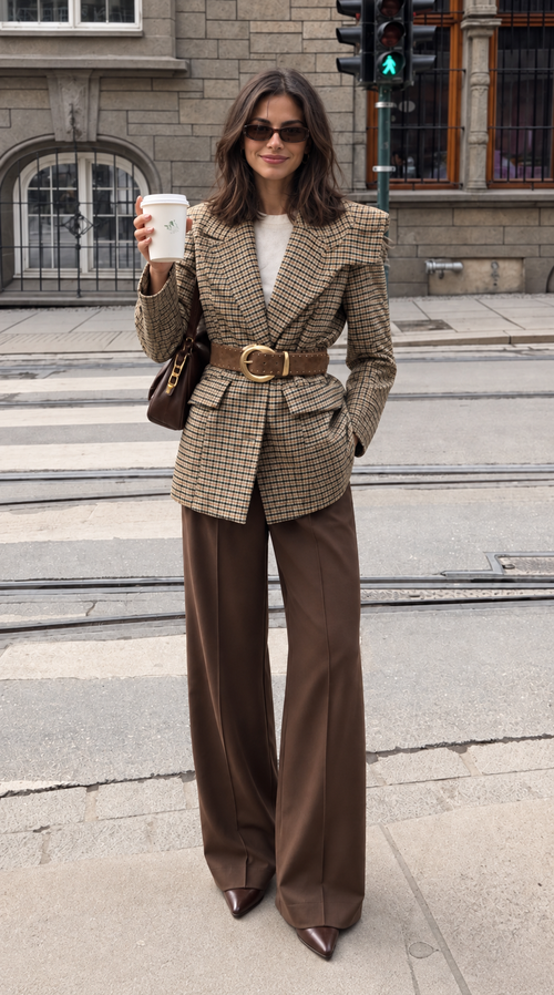 Blazer de cuadros beige y marrón con modelo